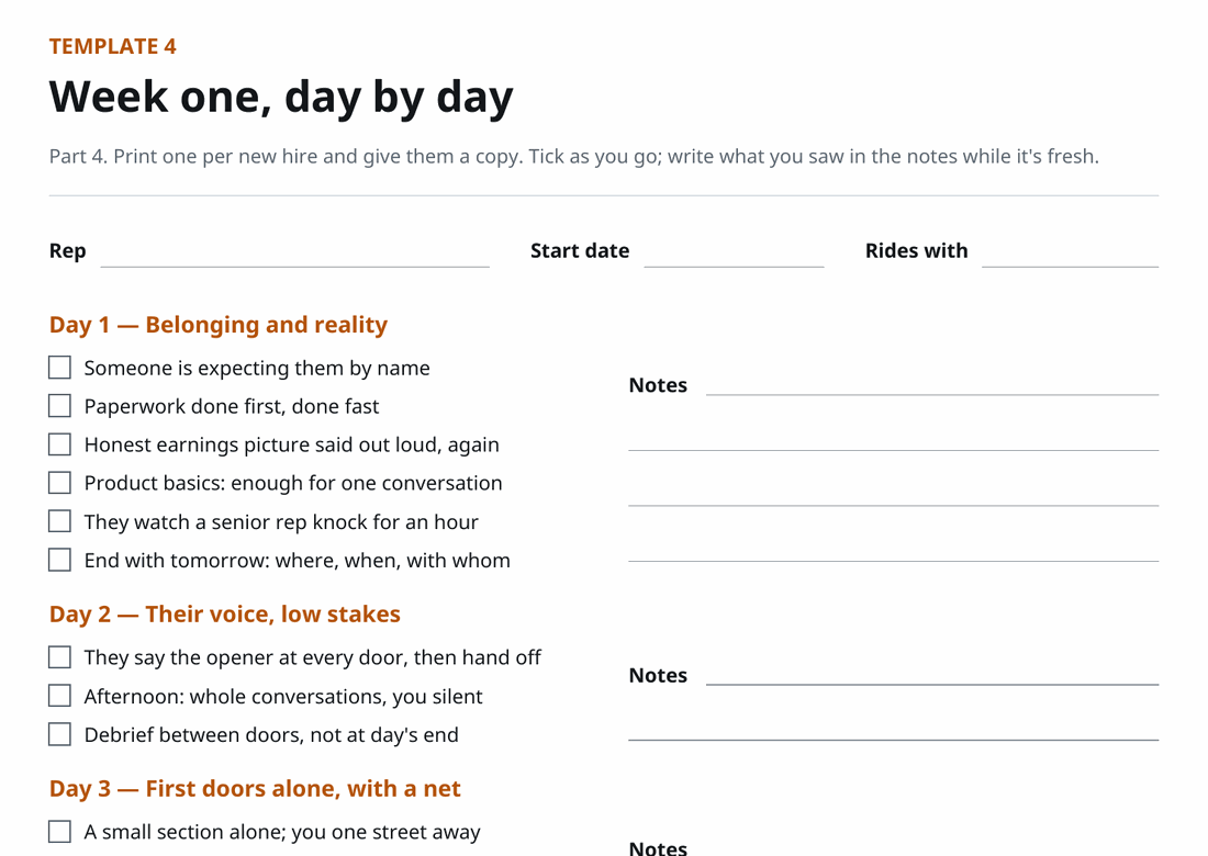 Page 23, Template 4, Week one, day by day: tick boxes for Day 1, Belonging and reality, Day 2, Their voice, low stakes, and Day 3, with Notes lines beside each day.