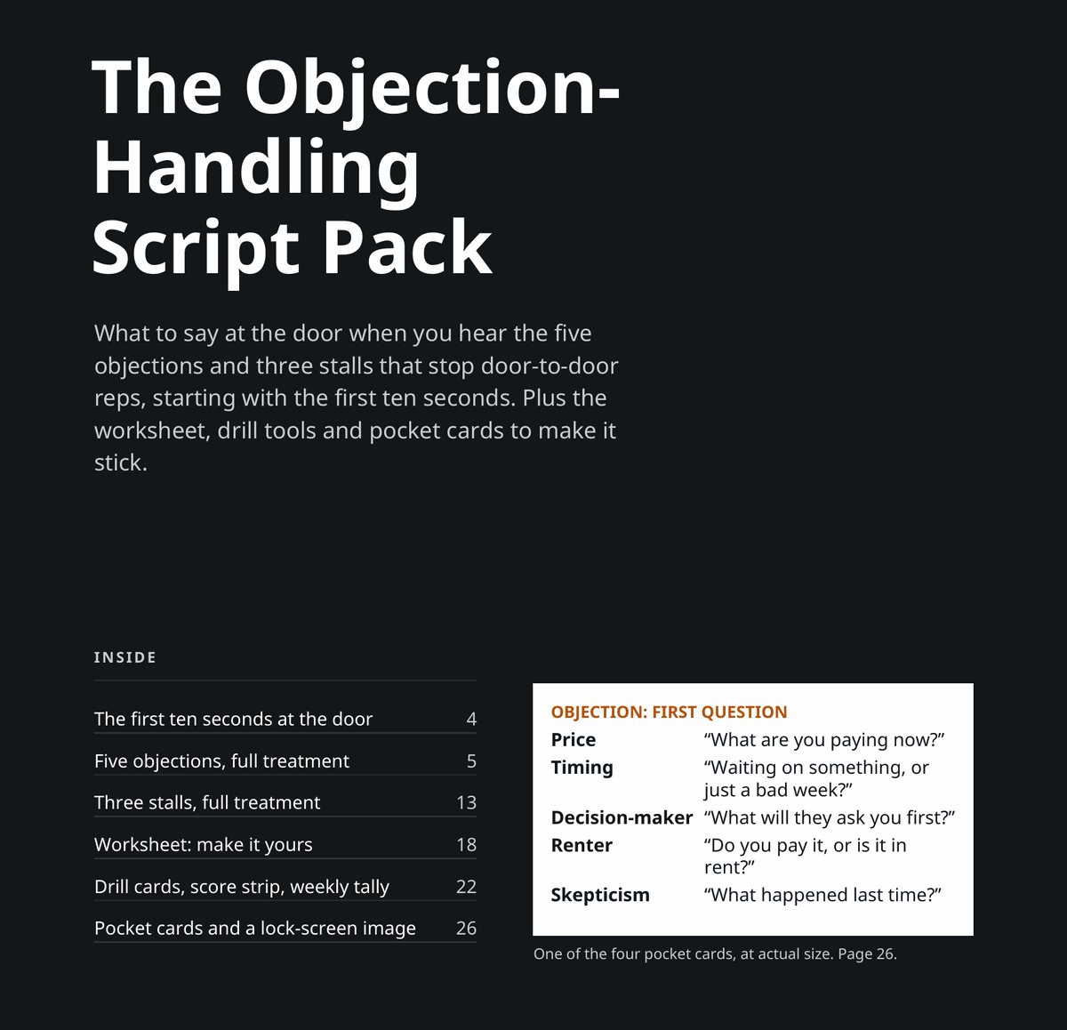 The cover of the Script Pack PDF on a dark ground, with an Inside list and one of the pocket cards