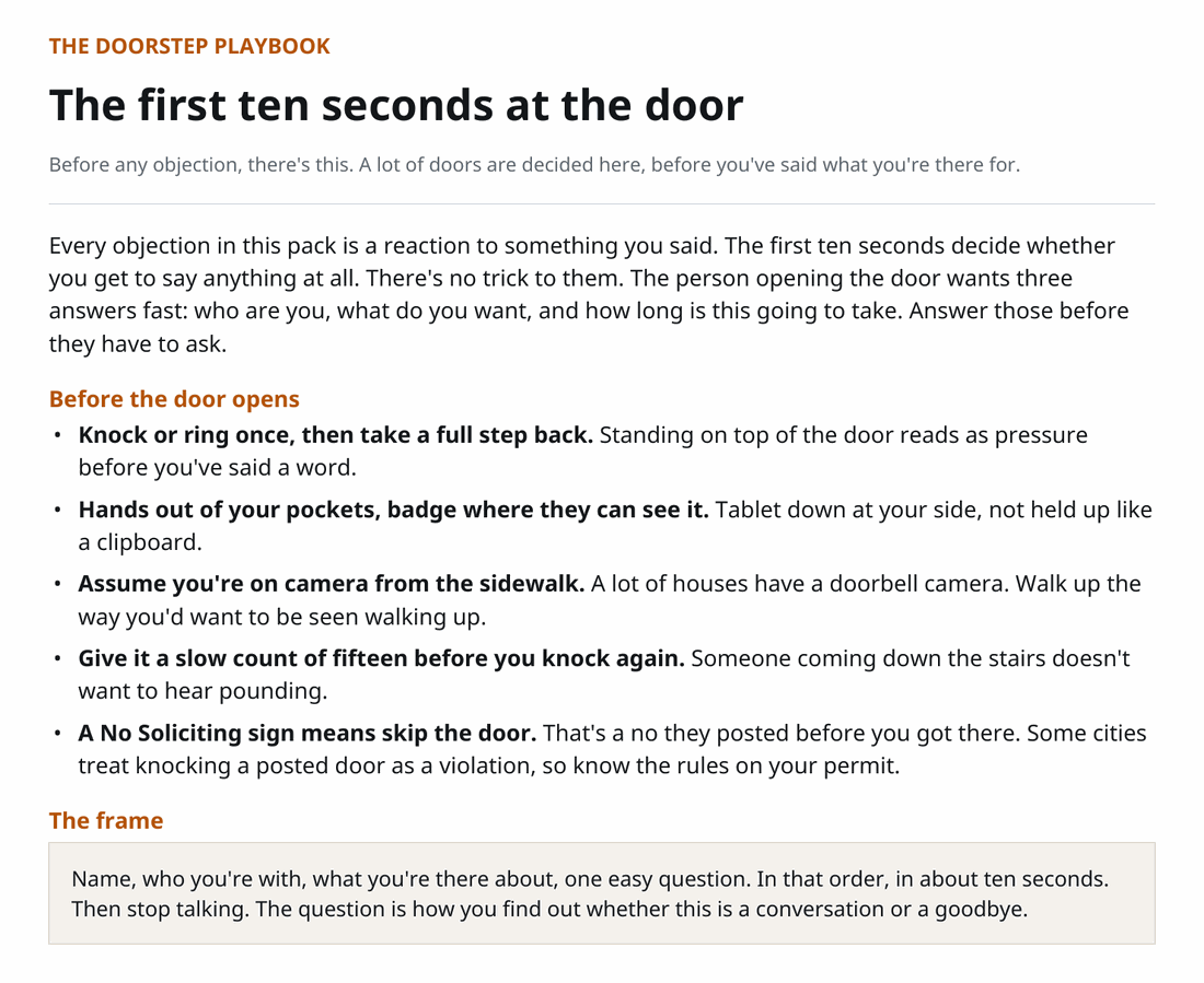 Page 4, The first ten seconds at the door: an opening paragraph, a Before the door opens list starting with knock or ring once then take a full step back, and The frame in a shaded box.