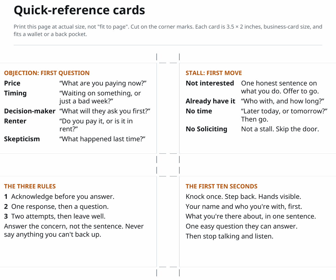 Page 26, Quick-reference cards: four business-card-size cards with corner marks. Objection: first question. Stall: first move. The three rules. The first ten seconds.